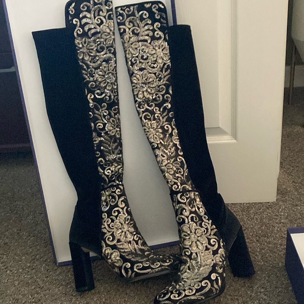 Stuart Weitzman Over The Knee Embroidered Velvet Boots sz9.5